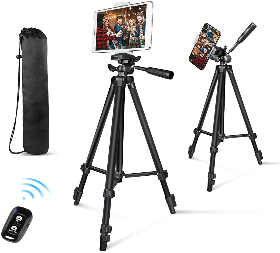 Phone Tripod, Aureday 50” Extendable Adjustable Smartphone & Tablet Tripod Stand with Phone Holder Mount & Remote, Compatible with Tablet/Cell Phone/Camera